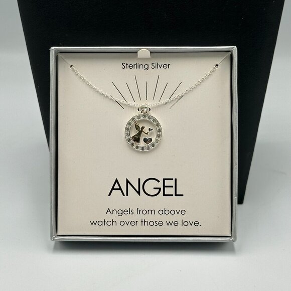Sterling Silver Angel Necklace CZ Heart Circle Pendant Gift Boxed Jewelry - Picture 3 of 9
